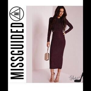 👗💜Misguided Purple Silver Stripe Midi Skirt  Short Top Long Sleeve Size 10